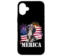 Custodia per iPhone 16 Plus American 4th July Fourth USA Flag Tri Color Cavalier Dog