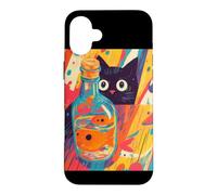 Custodia per iPhone 16 Plus Arte Di Gatto Nero Curioso E Pesciolino Rosso