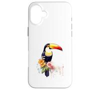 Custodia per iPhone 16 Plus Artistico Tucano Uccello Tropicale Acquerello Splatter Design
