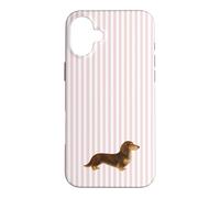 Custodia per iPhone 16 Plus Bassotto a pelo lungo marrone e crema a righe rosa
