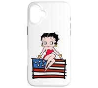 Custodia per iPhone 16 Plus Betty Boop Americana posa con la bandiera a stelle e strisce