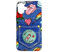 Custodia per iPhone 16 Plus Blue Denim Patch Pattern Bad Luck Babe 90s Design Estetico