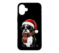 Custodia per iPhone 16 Plus Boston Terrier Dog Bostie Santa Hat Plaid sciarpa occhiali da sole