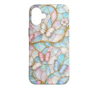 Custodia per iPhone 16 Plus Butterfly Pink White Blue Stained Art Stain Butterflies