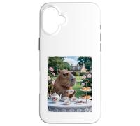 Custodia per iPhone 16 Plus Carino Capybara Sip Tea Rose Cup Cottagecore Floral Garden