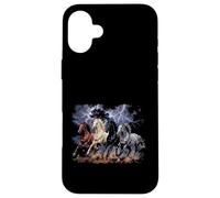 Custodia per iPhone 16 Plus Cavalli in esecuzione Vintage anni '90 Fulmine Tempesta Western Cow