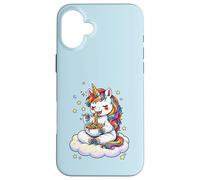 Custodia per iPhone 16 Plus Chibi Unicorno Mangia Arcobaleno Spaghetti Pasta Grafica