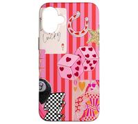 Custodia per iPhone 16 Plus Collage con 8 Lucky Lighting Bolt Star a forma di pallina rosa preppy a righe