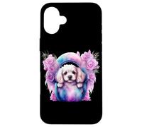 Custodia per iPhone 16 Plus Composizione di rose con adorabile abbigliamento per cuccioli di Spaniel bianco