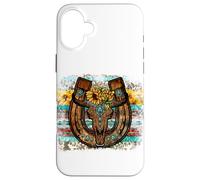 Custodia per iPhone 16 Plus Country Boho Western Bull Decor For Women Cute Horseshoe