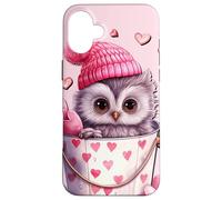 Custodia per iPhone 16 Plus Cute Owl Baby In Valentines Basket Pink Heart Pattern