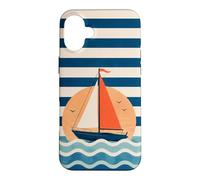 Custodia per iPhone 16 Plus Design a strisce nautiche in barca a vela verso il tramonto