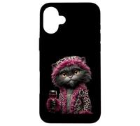 Custodia per iPhone 16 Plus Elegante bicchiere da vino con ritratto di gatto, alla moda, con grafica in ambra