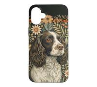 Custodia per iPhone 16 Plus English Springer Spaniel William Morris, decorazione floreale per cani