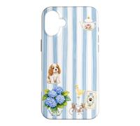 Custodia per iPhone 16 Plus Estetica Cottagecore Cavalier Ortensia A Righe Blu