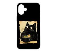 Custodia per iPhone 16 Plus Funny Black Fat Cat Eating Ramen Japanese Kawaii Anime