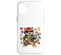 Custodia per iPhone 16 Plus Funny Cat Rockstar Autism Puzzle Consapevolezza dell'autismo