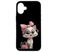 Custodia per iPhone 16 Plus Gattino Grigio Gatto Rosa Leopard Occhiali Glam Fashion Graphic