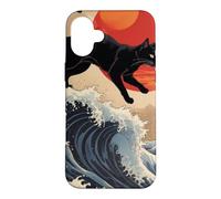 Custodia per iPhone 16 Plus Gatto giapponese che cammina sopra la grande onda Hokusai