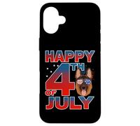 Custodia per iPhone 16 Plus German Shepherd Dog American Flag Glasses Happy 4th Of July