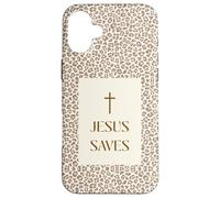 Custodia per iPhone 16 Plus Gesù salva l'estetica della croce di fede cristiana con stampa leopardata