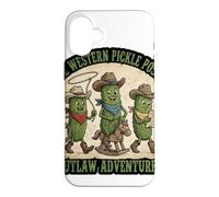 Custodia per iPhone 16 Plus Grafica da cowboy di The Western Pickle Posse Outlaw Adventures