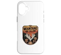 Custodia per iPhone 16 Plus Grafica del distintivo Wilderness, The Mountains Are Calling