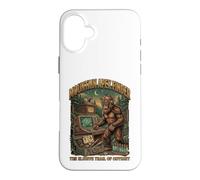 Custodia per iPhone 16 Plus Grafica retrò della foresta criptica di Bigfoot Mountain Camping