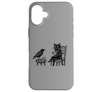 Custodia per iPhone 16 Plus Grafico circolare vintage con incisione di gatto corvo caffè tè amici