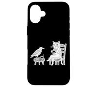 Custodia per iPhone 16 Plus Grafico circolare vintage con incisione di gatto corvo caffè tè amici