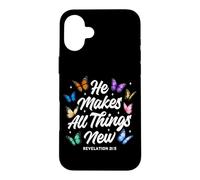 Custodia per iPhone 16 Plus He Makes All Things New Revelation Bibbia Verse Butterflies
