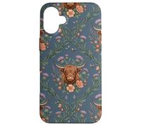 Custodia per iPhone 16 Plus Highland Cow Thistle Floral Scottish Farm Animal Design