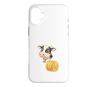 Custodia per iPhone 16 Plus Illustrazione Mucca Carina con Balla di Fieno Rotonda