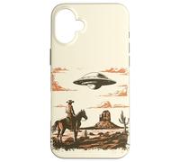 Custodia per iPhone 16 Plus Incontro Vintage tra Cowboy e Alieno nel Deserto