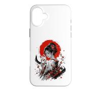 Custodia per iPhone 16 Plus Kitsune Maschera Sakura Kimono Donna Inchiostro Giapponese Ritratto Art