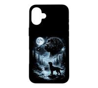 Custodia per iPhone 16 Plus Labradoodle nero che ulula alla luna retrò anni '90 Doodle Dog