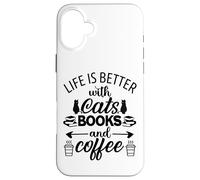 Custodia per iPhone 16 Plus Life is Better with Cats & Books Coffee Black Cat Book Lover