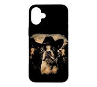 Custodia per iPhone 16 Plus Meme divertente per amanti dei cani da cowboy Boston Terrier che fumano sigaretta