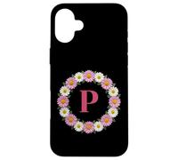 Custodia per iPhone 16 Plus Monogramma della corona di fiori margherita rosa e bianca lettera P