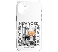 Custodia per iPhone 16 Plus New York City Teddy Bear with The Dumbo Manhattan Bridge