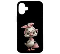 Custodia per iPhone 16 Plus Occhiali da ragazza con motivo leopardato rosa con pulcino e uccellino