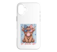 Custodia per iPhone 16 Plus Occhiali da sole Patriotic Highland Cow Pink Bubble