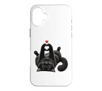 Custodia per iPhone 16 Plus Opera d'arte con gatto nero a forma di cuore con zampe, carino, felino, amore, amanti degli animali