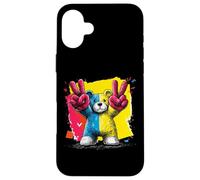 Custodia per iPhone 16 Plus Orsacchiotto con scritta "Double Peace Graffiti" Pop Graphic Art Sign Animal