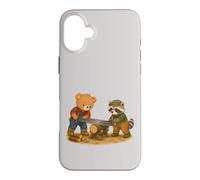 Custodia per iPhone 16 Plus Orso e procione segando il legno - Carini operai forestali