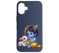 Custodia per iPhone 16 Plus Piccolo Krishna Gopal con vitello adorabile arte spirituale indù