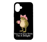 Custodia per iPhone 16 Plus Prima di tutto Jesus Thinks I'm A Delight Frog Coffee Meme
