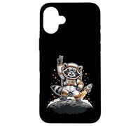 Custodia per iPhone 16 Plus Raccoon Astronaut On The Moon With Rocket Retro Space Iconic