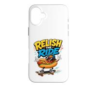 Custodia per iPhone 16 Plus Relish The Ride - Divertente skateboarder con hot dog