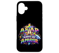Custodia per iPhone 16 Plus Rosario cristiano con croce arcobaleno e scritta "Always Say A Prayer
